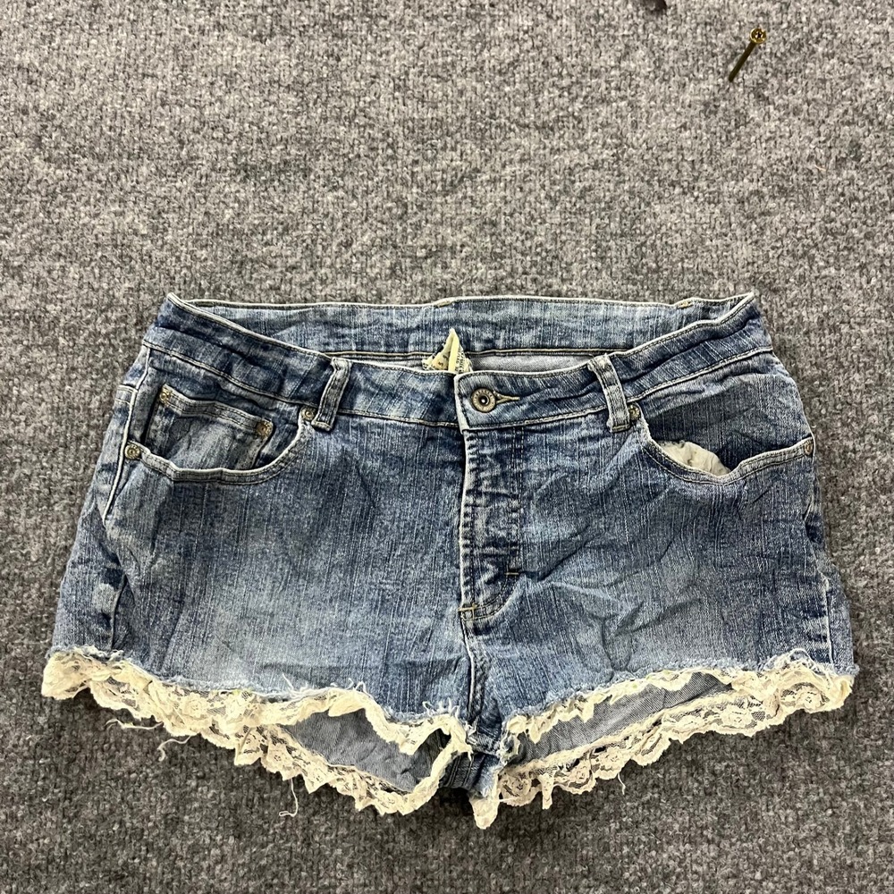725 Originals Denim Shorts Womens Size 13 Blue Lace Trim Frayed Hem Low Rise